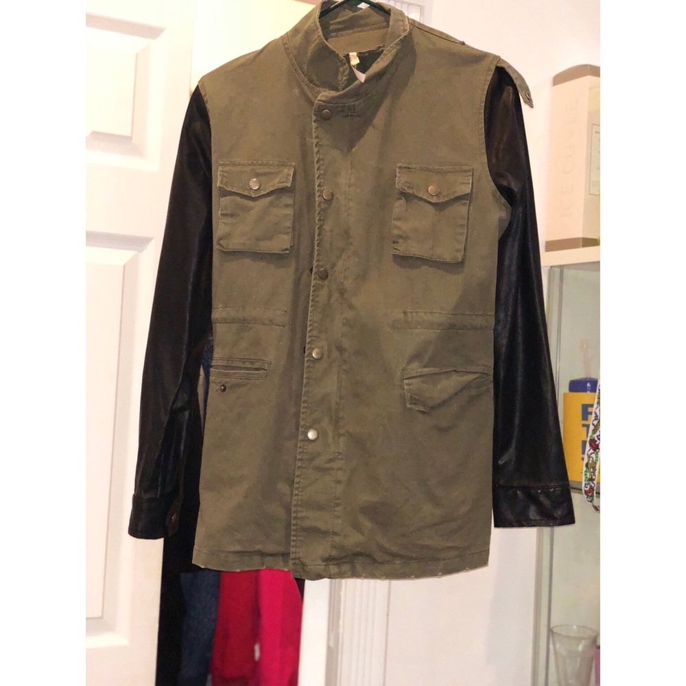Olive Green Army Jacket with Leather Sleeves